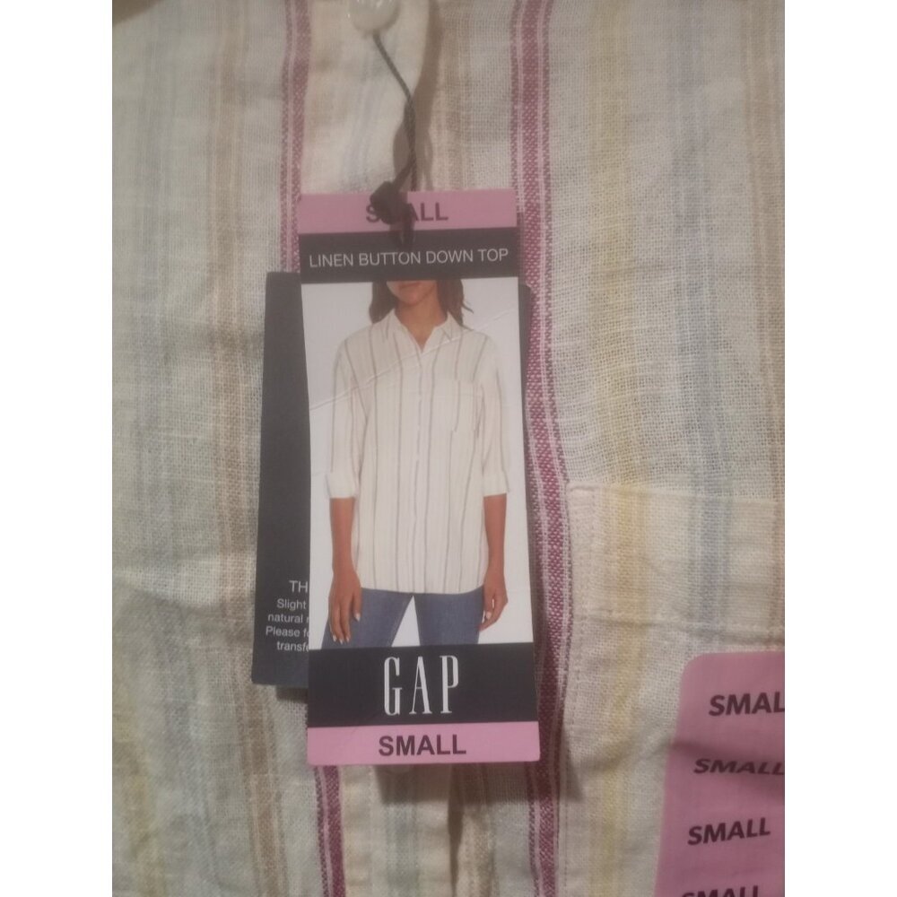 NWT Women’s Gap Button-Down Linen Blend Shirt- Pink Multicolor Size Small S - Picture 2 of 14